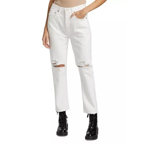 AGOLDE Riley High-Rise Distressed Tapered Jeans in Slant / White - NWT - Size 28 - Picture 2 of 7
